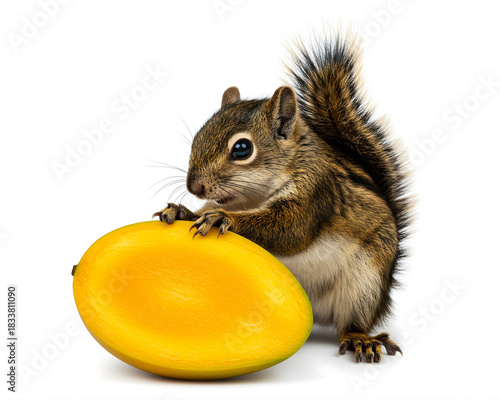 Hyper Realistic Squirrel Holding Half Alphonso Mango Isolated on White