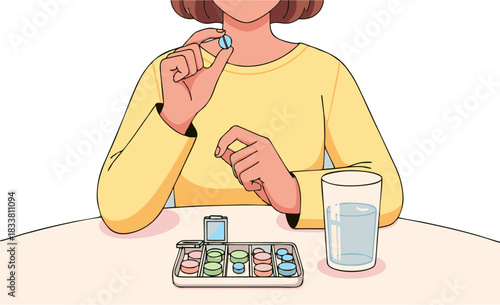 Woman Taking Medication with Pill Organizer and Water
