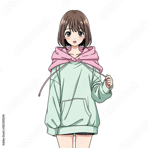 Cute anime girl in pastel hoodie, manga illustration for modern graphic novels, vibrant digital art for creative projects, youthful and trendy character design
