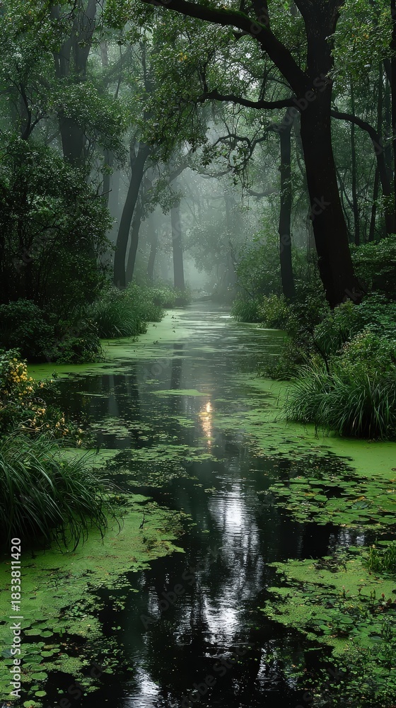 Obraz premium Mystical Swamp Landscape with Algae-Covered Water and Foggy Forest