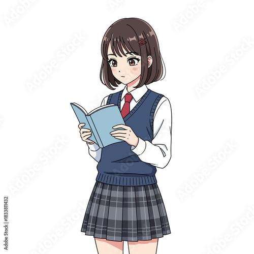 Charming anime student engrossed in a captivating book, perfect for educational or manga themed designs, youthful and bright character illustration