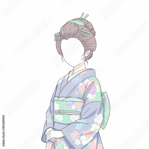 Elegant geisha illustration with pastel kimono and traditional hairstyle, perfect for manga, anime, or cultural designs with a touch of Japanese charm