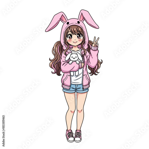 Adorable anime girl with bunny hoodie and plush toy making a peace sign offers playful innocence and charm for your next project