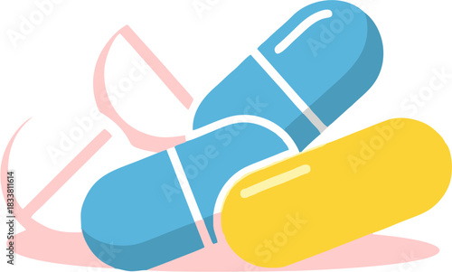 Vector graphic icon of colorful medical pills and capsules for pharmacy and healthcare, representing prescription medication and treatment