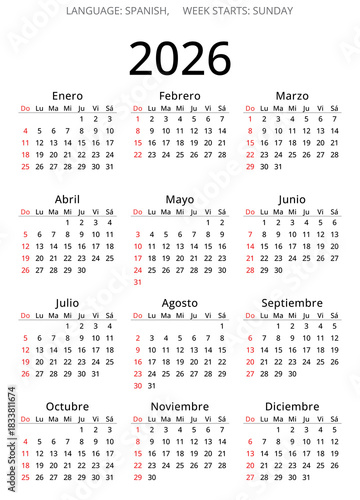 2026 spanish calendar. Week starts Sunday. png transparent illustration. Spain - calendario espanol