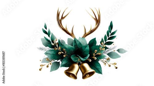 Golden deer antlers, green leaves, a flower, and golden bells on a transparent background. New Year, Christmas, decor, and winter holidays.