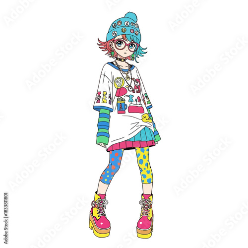 Vibrant anime girl radiates youthful energy in trendy streetwear fashion and colorful accessories, perfect for fashion blogs, Gen Z marketing, and modern art.