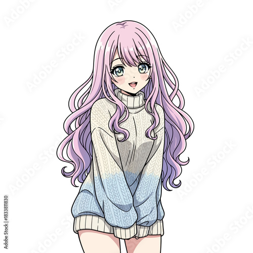 Adorable anime girl with pastel hair and a cozy sweater, perfect for manga, game design, or cute character concepts, radiating youthful charm