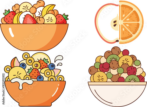 Vector illustration set of healthy morning meals including fruit bowls and cereal. Flat design icons for nutrition and diet concepts
