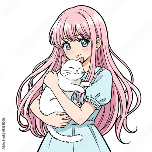 Charming anime girl with pink hair lovingly cradles a happy white cat, radiating friendship and joy, perfect for manga illustrations and pet adoption campaigns