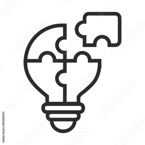 Line art icon of a light bulb made of puzzle pieces with one piece missing, symbolizing idea generation, problem solving, and innovation