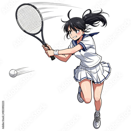 Dynamic manga girl playing tennis with energy and style, perfect for sports promotions or anime-themed content, capturing youthful athleticism and vibrant action