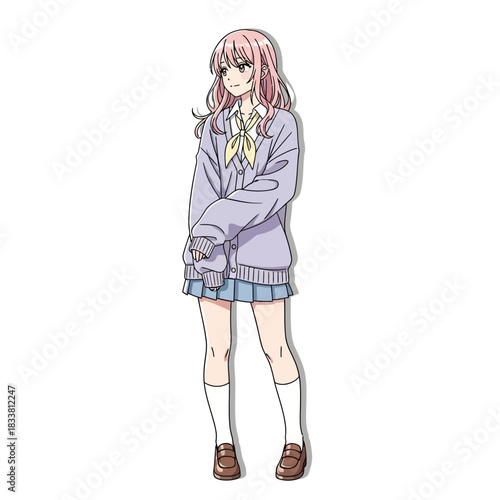 Charming anime schoolgirl with rosy hair and cute uniform, perfect for manga, animation, and Japanese culture inspired designs and creative projects