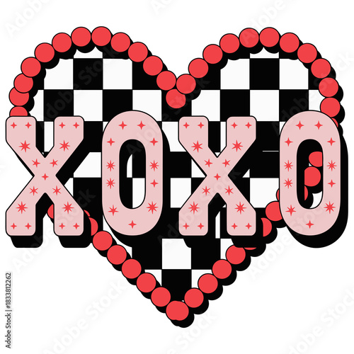 Whimsical XOXO heart with checkerboard pattern and red beaded border for Valentine's Day designs, perfect for cards, gifts, and social media graphics