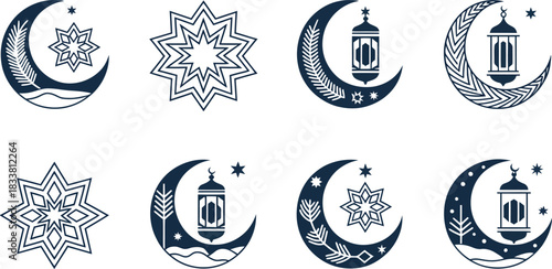 Islamic Crescent Moon and Star Icons with Lanterns