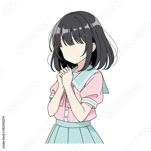 Expressive anime girl illustration evoking shyness and innocence with clasped hands, ideal for manga and Japanese culture themed designs or social media content