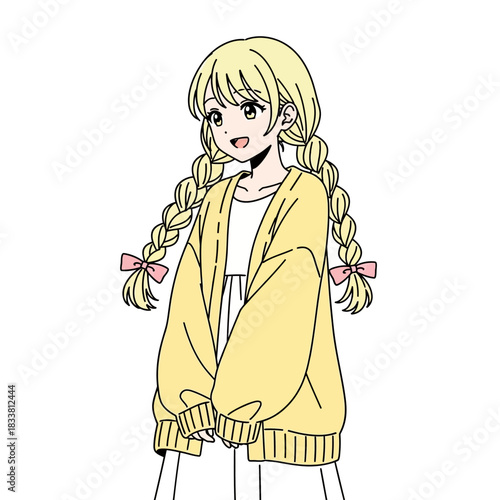 Adorable anime girl with blonde braided hair and pink bows in a yellow cardigan smiles sweetly, perfect for manga, kawaii, or youthful innocence designs
