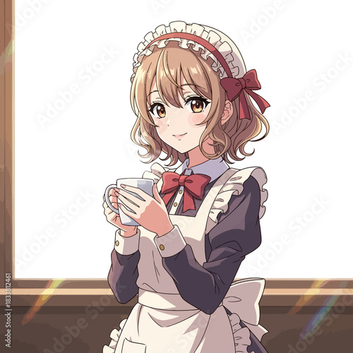 Sweet anime girl enjoying a warm drink in her maid outfit, perfect for manga, gaming or anime fans looking for cute characters and designs