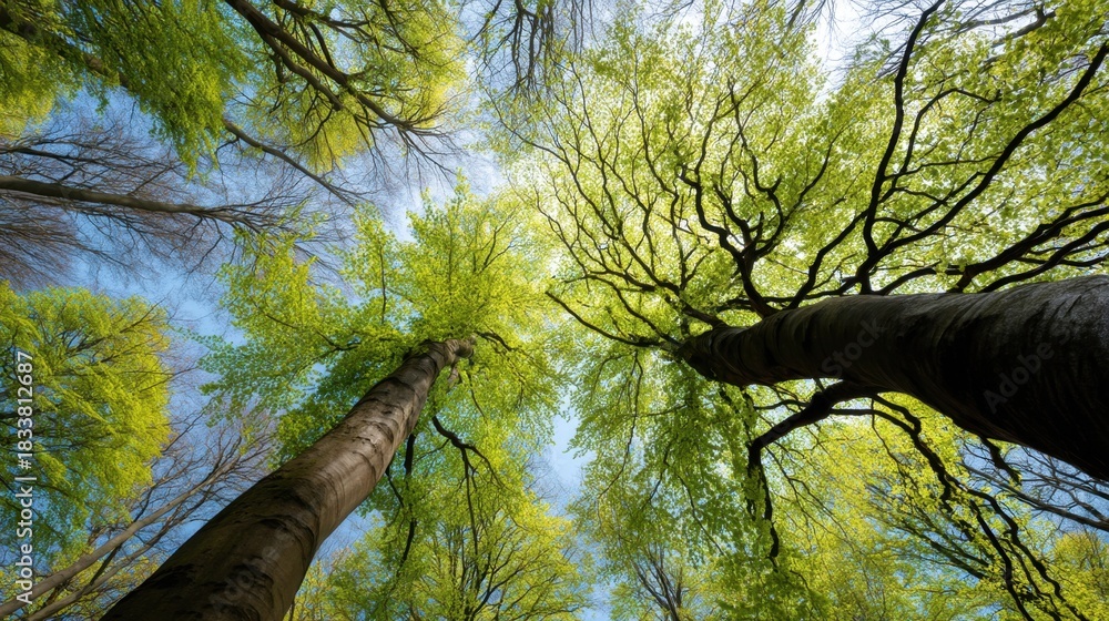 Fototapeta premium A forest with two trees towering over the rest of the trees. The sky is clear and blue, and the trees are lush and green