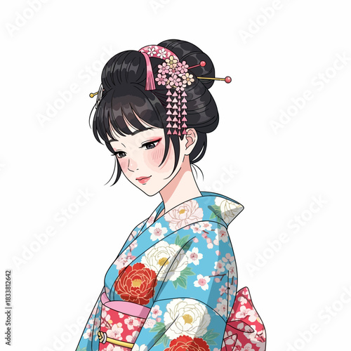 Elegant geisha illustration in vibrant kimono with cherry blossom details a perfect cultural icon for marketing or design projects seeking a touch of tradition