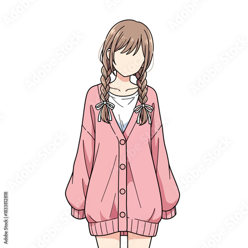 Adorable faceless anime girl with braided hair and pink cardigan, perfect for character design and creative projects seeking a touch of youthful charm