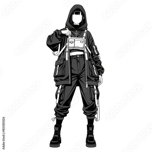 Stylish anime character sporting modern streetwear fashion with edgy black and white aesthetic, perfect for urban lifestyle or digital art projects