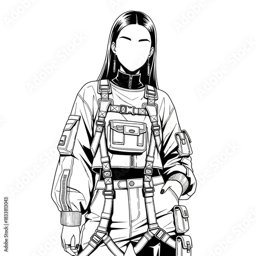 Sleek faceless woman in modern streetwear fashion with black and white manga style, perfect for urban lifestyle brands and cutting-edge fashion campaigns