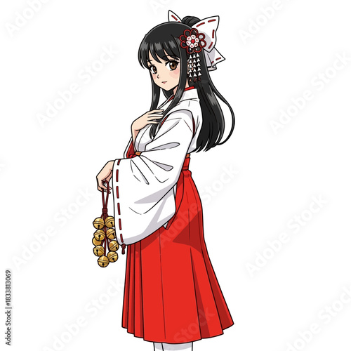 Elegant anime girl in traditional Miko attire holding golden bells, perfect for Japanese culture enthusiasts and digital art projects, with a vibrant modern style.