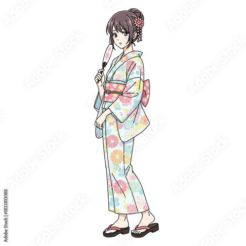 Charming anime girl in floral yukata offers serene summer vibes, perfect for Japanese culture or fashion projects, invoking youthful elegance and tradition