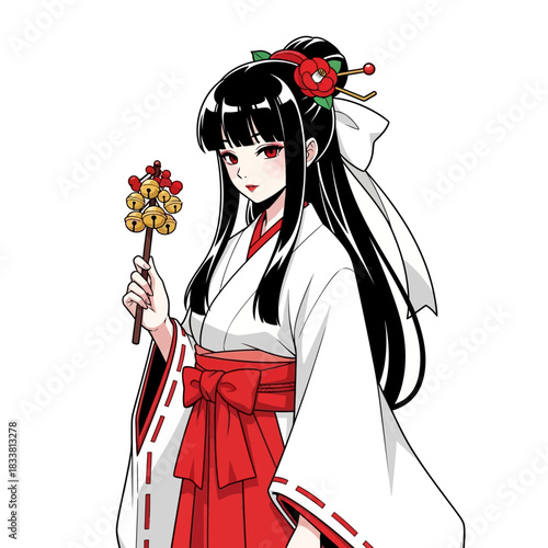 Elegant Shrine Maiden with Kagura Suzu Bells, a Stunning Japanese Cultural Icon for Anime Enthusiasts and Manga Lovers, Evoking Tradition and Beauty