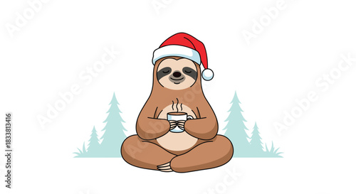 Cute cartoon sloth wearing a Santa hat sits in a meditative pose holding a mug of hot chocolate with steam rising.