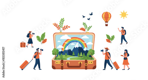 Travelers with cameras and luggage are exploring a suitcase filled with a beautiful natural landscape.