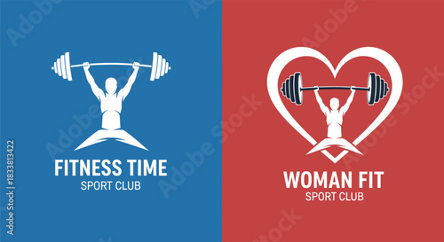 Two distinct sport club logos: one for 'Fitness Time' on blue, another for 'Woman Fit' on red.