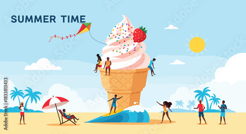 Summer time illustration with people enjoying ice cream, kite flying, and beach activities.
