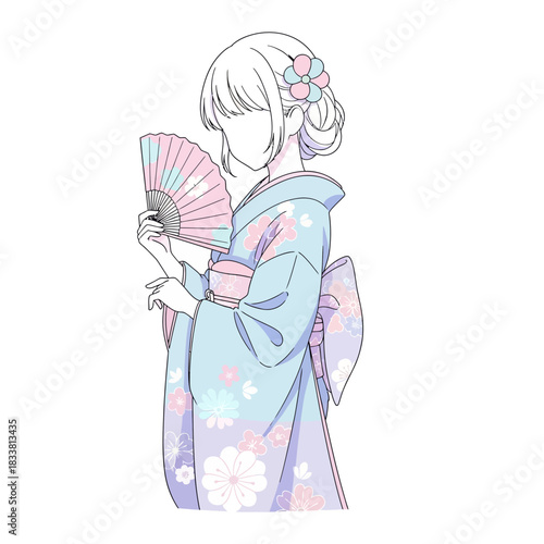 Graceful anime girl in traditional kimono with fan, embodying Japanese culture and youthful charm in a kawaii aesthetic, perfect for modern manga art