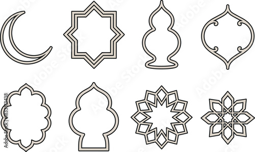 Collection of Islamic Geometric Patterns and Crescent Moon Icon