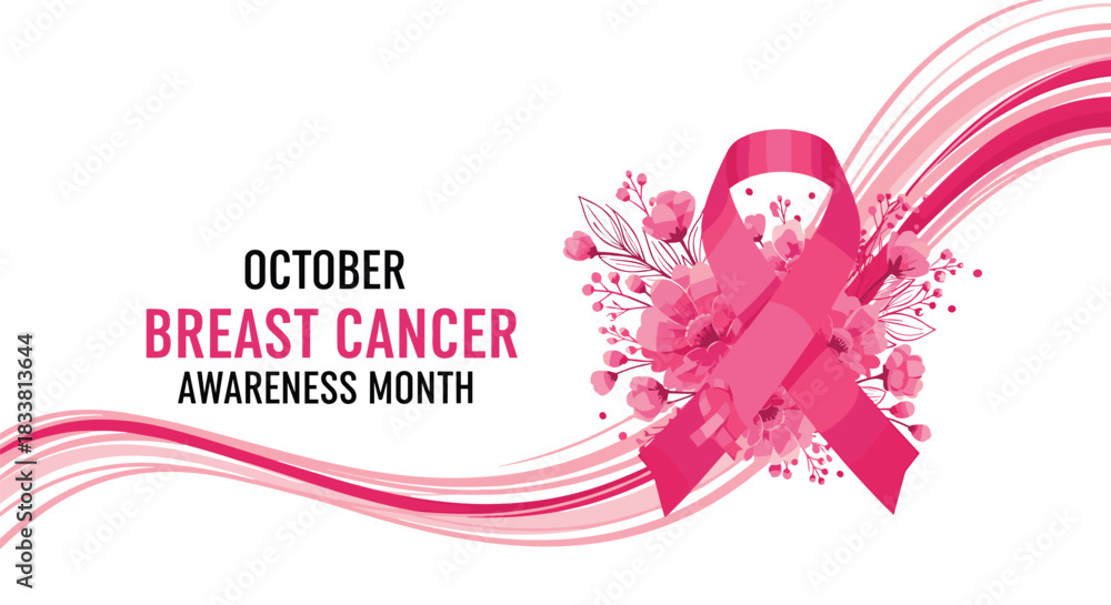 Fototapeta premium Pink ribbon and flowers celebrate breast cancer awareness month in October.