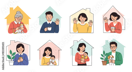 Diverse families and individuals depicted inside house outlines, representing home and community connection.