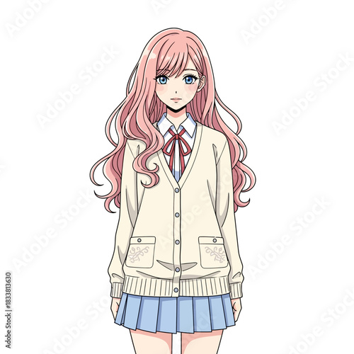 Charming anime girl with flowing pink hair wearing a cute school uniform, perfect for bringing youthful energy and vibrant style to your creative project