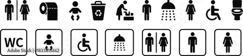 WC icon set  Toilet icons set, common male female restroom, handicap wheelchair access, sanitizer liquid soap, WC direction, baby changing table room, toilet signs, WC signs collection