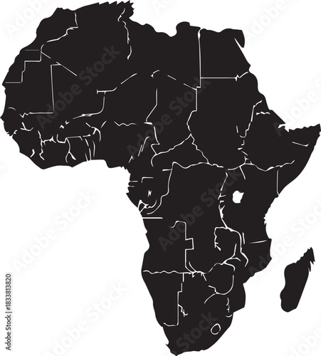 Black silhouette map of the continent of africa with country borders