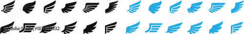 Wings icons set. Flying, bird, angel, flight. Wing symbol on white background - stock vector. angel wings silhouette vector icon set Wings icon, Black wing silhouettes, Angel and bird Eps 10