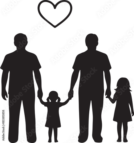 Silhouette of a loving gay couple with their two young daughters and a heart above