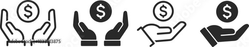 Money in hand icons set.  Money receiving icon with a hand getting a dollar coin as payment representing salary income financial aid or donation for personal finance vector solid glyph icon