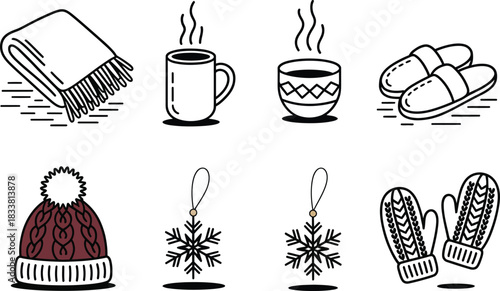 Cozy Winter Icons: Blanket, Hot Drinks, Slippers, Hat, Snowflakes, Mittens