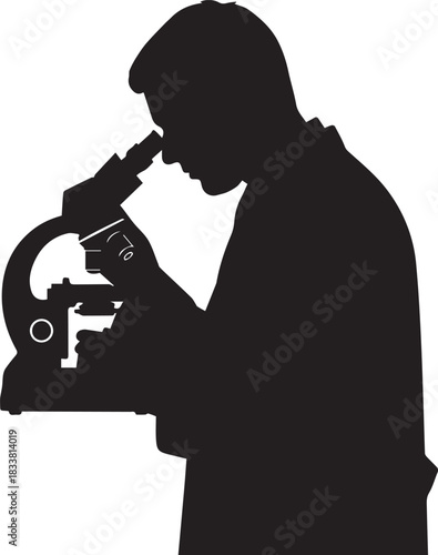 Silhouette of a scientist looking through a microscope in a laboratory