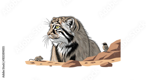 A detailed and realistic illustration of a Pallas's cat in its natural rocky habitat, accompanied by a small mouse and a bird.