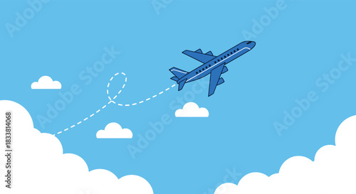 A whimsical cartoon illustration of a blue airplane flying through a bright blue sky with fluffy white clouds and a dotted trail.