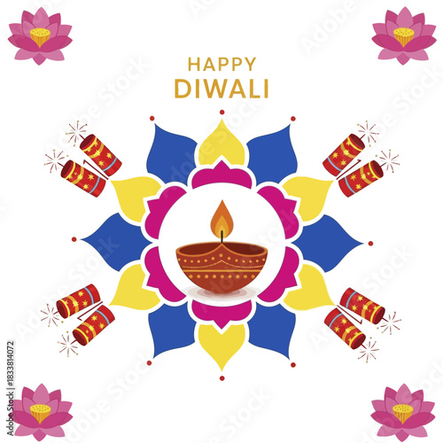 Diwali Celebration with Diya and Crackers in Festive Design.