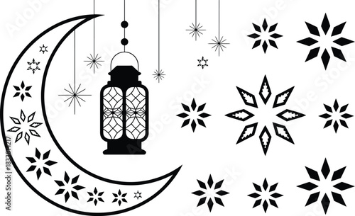 Islamic Crescent Moon, Lantern, and Star Decorations